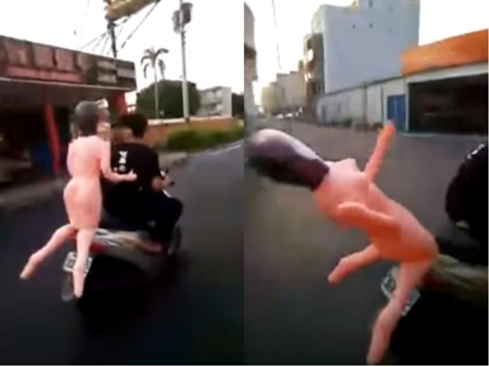 ▲載著「裸女」狂飆，騎太快她慘下腰。（圖／翻攝自爆料公社）