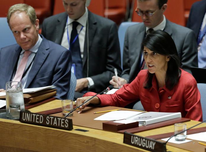 當地時間本月5日，美國駐聯合國大使海莉（Nikki Haley）提出警告，表示若有必要，將準備使用武力阻止北韓的核子飛彈計畫。（圖／達志影像／美聯社）