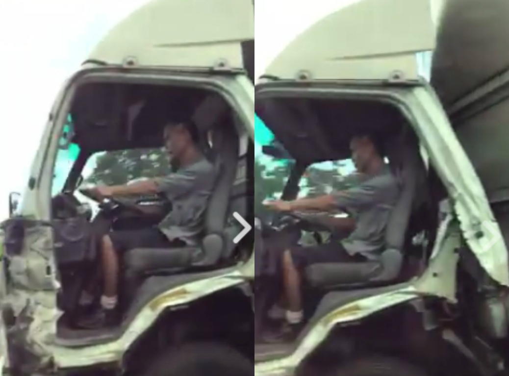 ▲國道驚見超狂大卡車駕駛，車門消失未繫安全帶。（圖／翻攝自爆廢公社）