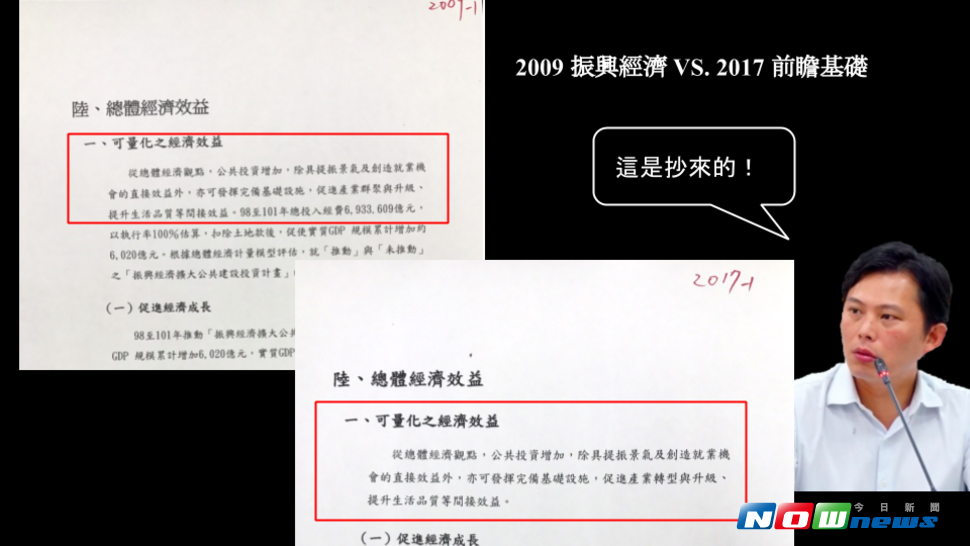 時代力量立委黃國昌4日指出前瞻基礎建設計畫抄襲2009年經建會報告內容文字。（圖／張雄風製 , 2017.7.4）
