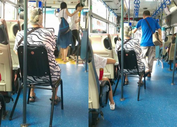 ▲超狂阿嬤搭公車自備椅子，走到哪坐到哪。（圖／翻攝自爆料公社）