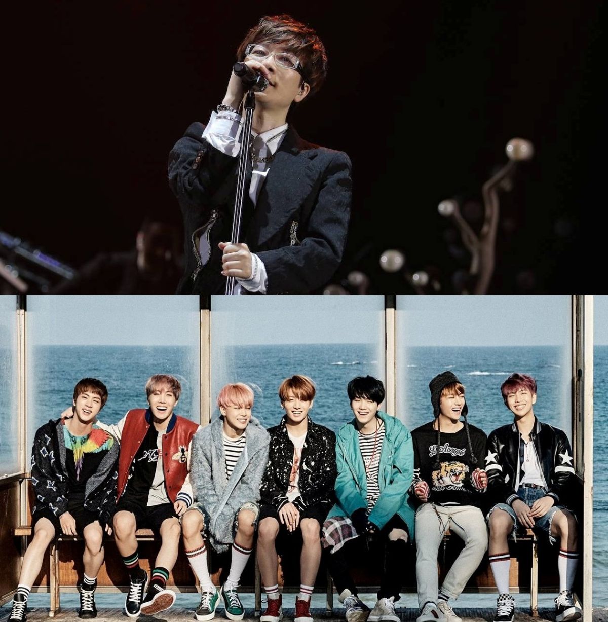 ▲徐太志（上圖）與防彈少年團合作，重新演繹名曲的MV公開。（合成圖／翻攝自防彈少年團臉書、徐太志臉書，2017.04.25）