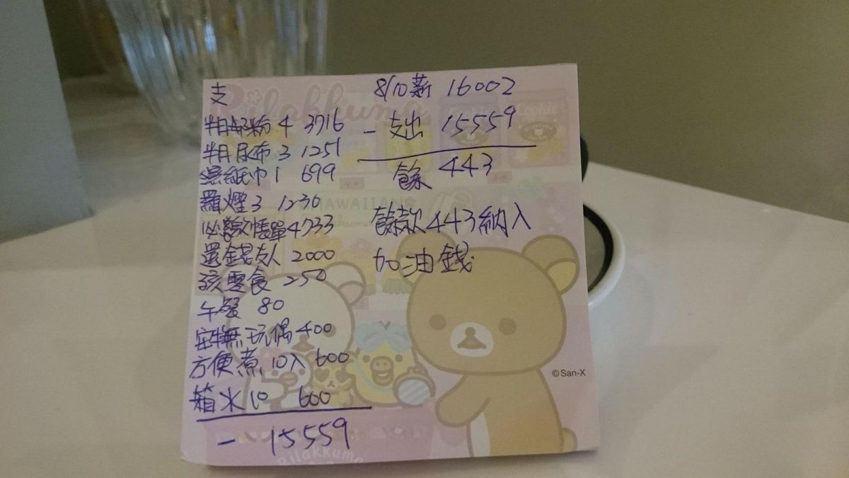 人妻上傳這個月家裡的收入、支出表，16002元省下443元。（圖／翻攝自爆料公社2017.8.14）