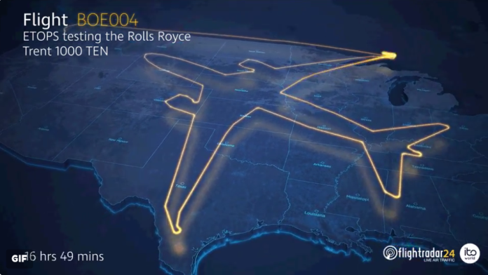 美國波音公司近日進行787客機測試，在美國上空以飛行軌跡畫出一張巨大的「自畫像」。（圖／翻攝自Flightradar24推特）