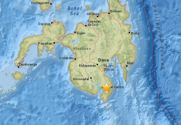 菲律賓民答那峨島南部，5日上午8點41分發生規模6.0地震，震央在民答那峨島南部聖托斯將軍市（General Santos）以東22.5公里處，星號為震央。（圖／美國地質調查所 , 2017.8.5）