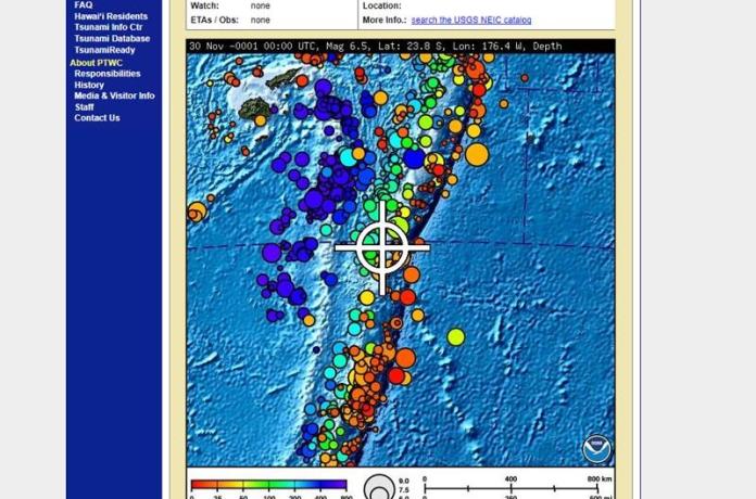 ▲斐濟外海26日發生規模6.5地震。（圖／翻攝自ptwc.weather.gov）