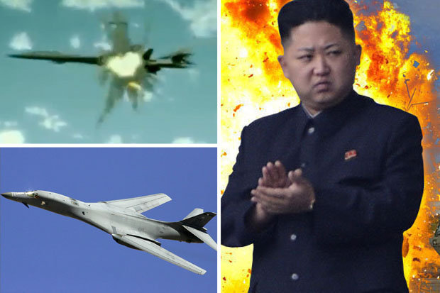 ▲北韓於24日發佈一段影片，顯示北韓以飛彈擊毀美軍的轟炸機和航艦。（圖／翻攝自dailystar.co.uk）