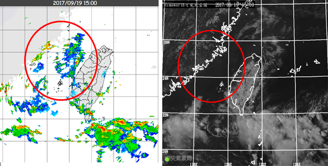 ▲左圖為昨（19）日的雷達回波合成圖顯示，海峽北部有「鬼波」（紅圈）存在，但同時與右圖的可見光雲圖相比，可見海峽北部實為晴空區（紅圈）。（圖／翻攝自洩天機教室）