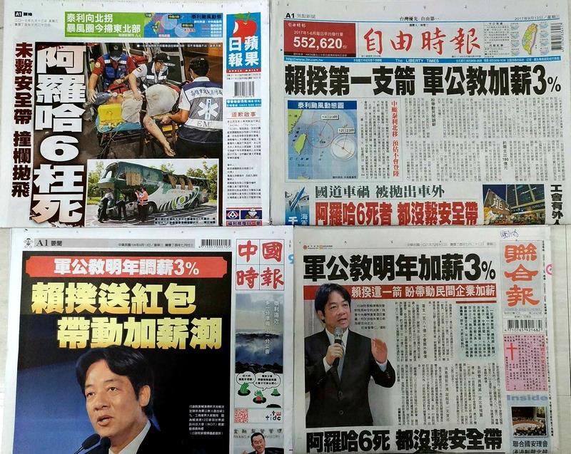 ▲9月13日各報頭條。（圖／中央社）