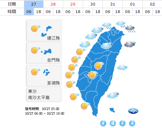 ▲中央氣象局表示，東北風增強，27日早晚較涼，早晚出門記得添加衣物。（圖／翻攝自中央氣象局網站 , 2017.10.27）