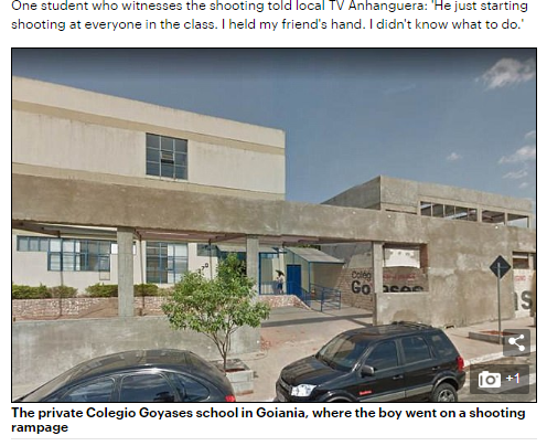 ▲巴西戈恩尼亞（Goiania）市戈雅西斯中學教室傳出槍響，一名14歲中學生遭霸凌後持槍射殺同學，造成2死、4傷。（圖／翻攝自Daily Mail ）