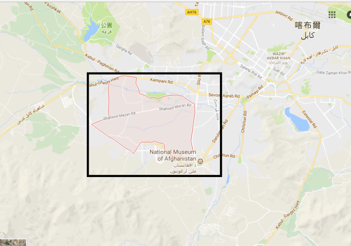 ▲一名自殺炸彈客20日晚襲擊阿富汗首都喀布爾西部達斯特巴奇地區（Dasht-e-Barchi）（黑框處）伊瑪目薩曼（Imam Zaman）的一座什葉派清真寺，造成至少39人喪生。（圖／翻攝自Google Map）
