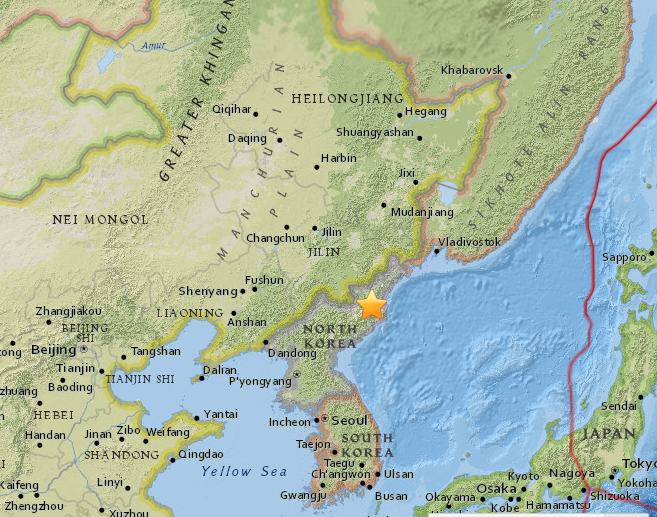 ▲北韓豊溪里核子測試場附近13日清晨發生芮氏規模2.9地震。星號為震央。（圖／美國地質調查所）