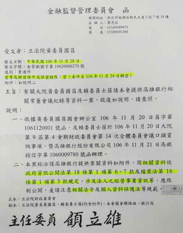 ▲黃國昌在臉書分享金管會寄來的公文，內文指「高雄銀行相關常董會議紀錄資料」是機密，他痛批莫名其妙。（圖／取自黃國昌臉書）