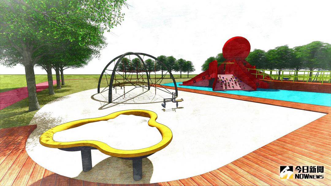 ▲鳥巢鞦韆及沙坑與攀爬設施模擬的示意圖。（圖／板橋區公所提供）