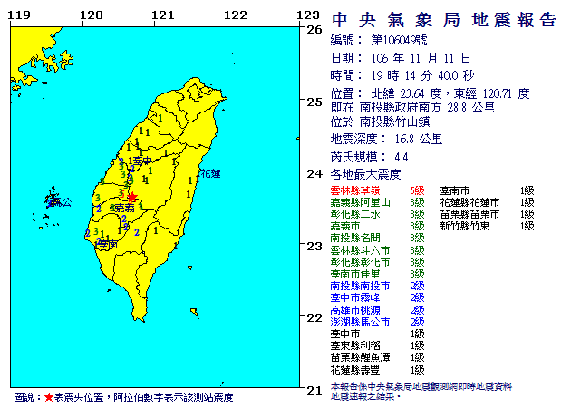 ▲今（11）日晚間7時14分，南投竹山發生規模4.4的有感地震。（圖／翻攝自中央氣象局網站 , 2017.11.11）