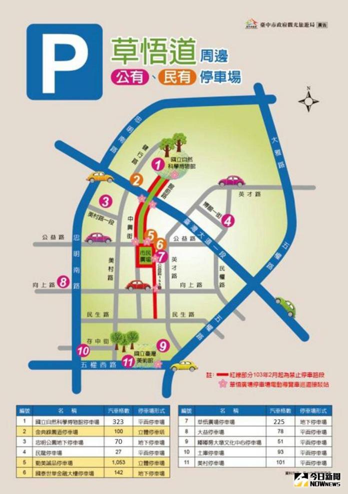 ▲元旦連假，台中市第一分局規畫草悟道週邊停車地點。（圖／記者鄧力軍翻攝 , 2017.12.27）
