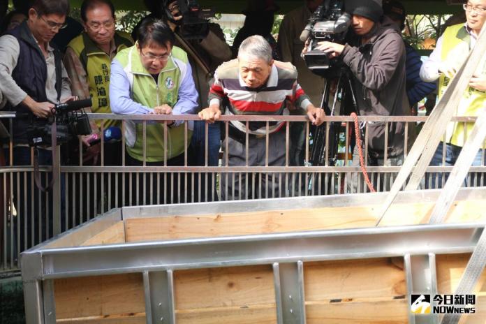 ▲「小河」今日移送廈門動物園，邱錫河、立委黃偉哲及許多粉絲均來送行。（圖／記者黃文博攝，2017.12.19）