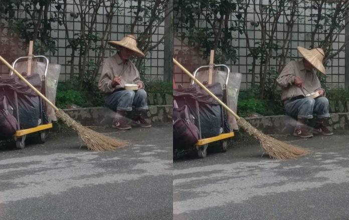 清道夫頂15度寒風路邊拿夾子吃飯　網友嘆：辛苦了
