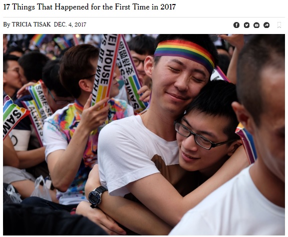 ▲17件發生在2017年的第一次，被列在首位的事件便是「台灣法院贊成同志婚姻」。（圖／翻攝自紐約時報 , 2017.12.6）
