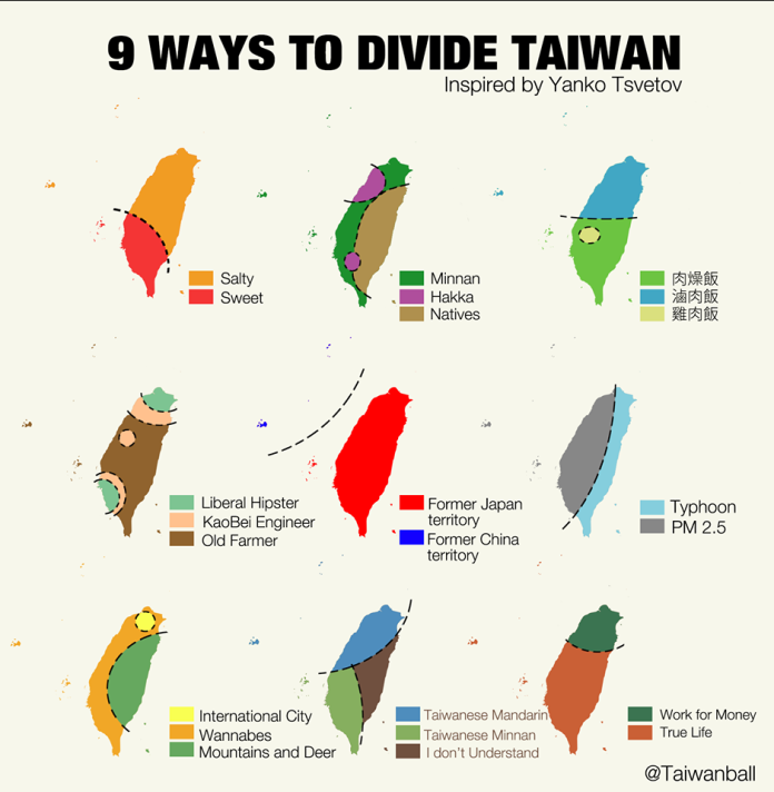 ▲臉書粉絲專頁《Taiwanball》po出「9種劃分台灣的方法」圖片，引發熱烈討論。（圖／翻攝自臉書《Taiwanball》 , 2018.01.17）