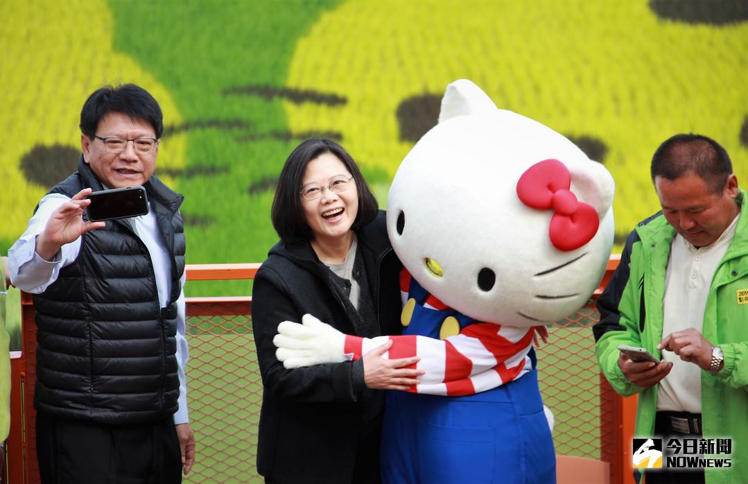 ▲總統蔡英文南下參與屏東熱博開幕典禮，欣賞Heloo Kitty彩繪稻田熱情與Kitty擁抱合照。（圖／記者陳宗傑攝,2018.02.03）