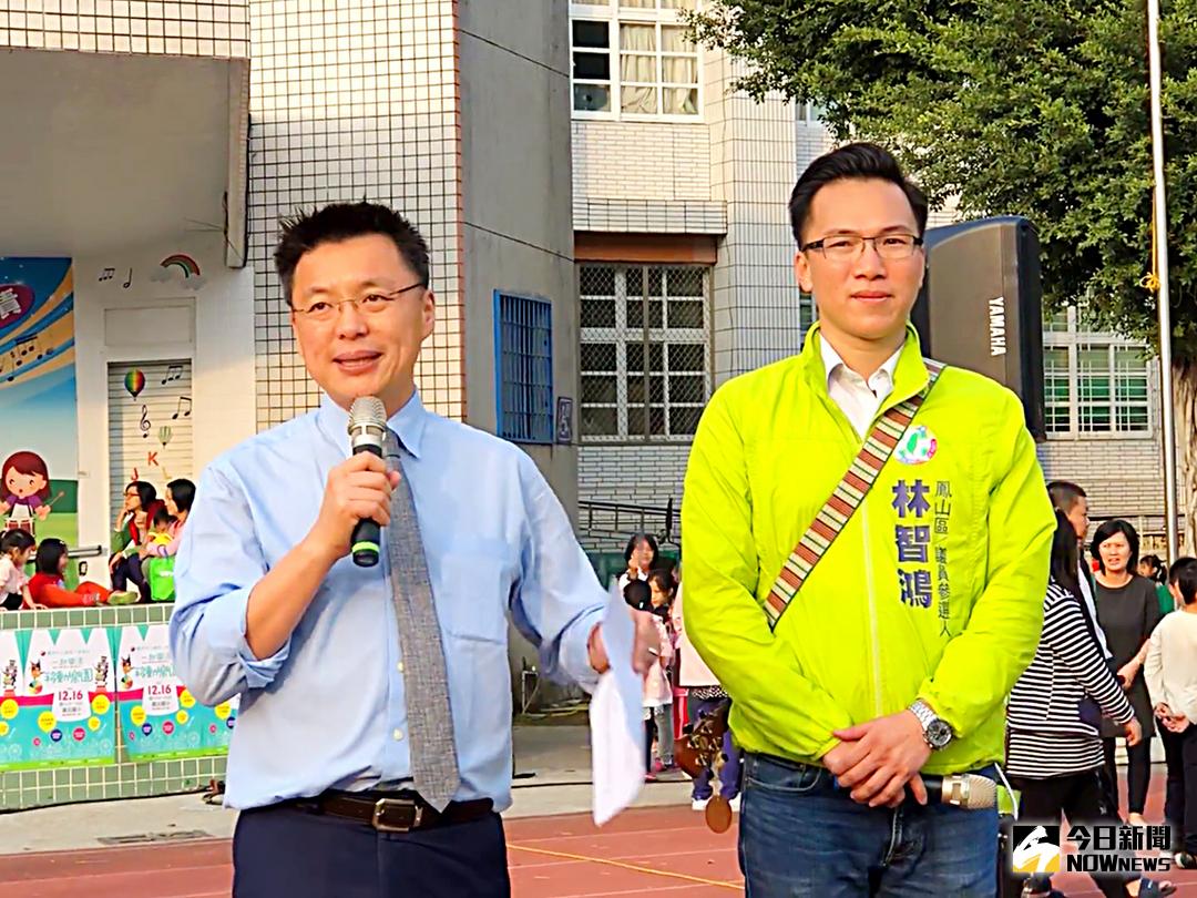 ▲林智鴻與趙天麟宣示將於當選後一年內把體育處升格為體育局，並提升預算至地方總預算1%。（圖／記者郭俊暉攝）