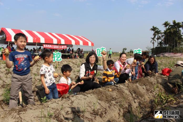 ▲雲林縣府秘書長黃玉霜領著小朋友體驗挖馬鈴薯樂趣。（圖／記者簡勇鵬攝 , 2018.03.03