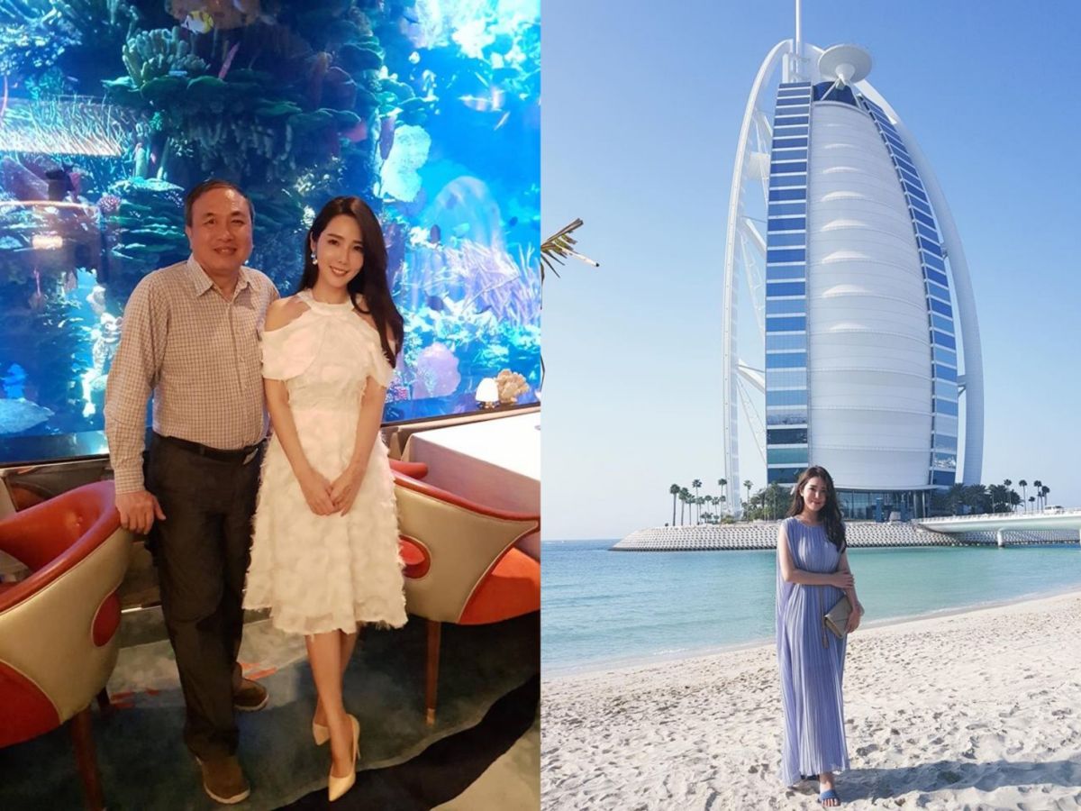▲朱琦郁跟爸爸到杜拜旅遊，在著名的帆船飯店合照，還到海底餐廳吃了要價4500元的餐點。（圖／翻攝 Catherine C 朱琦郁 臉書）
