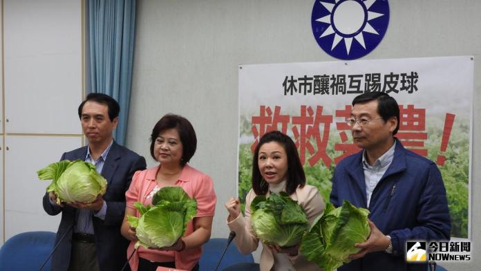 ▲國民黨立委們拿出高麗菜，希望政府要好好協助農民。（圖／記者戴祺修攝，2018.03.05）