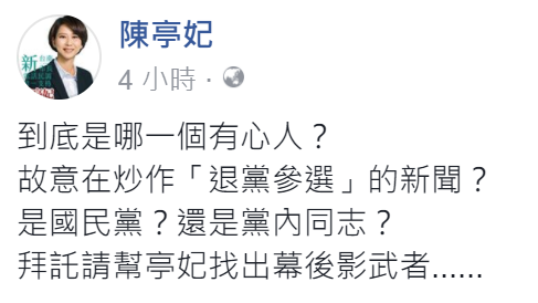 ▲陳亭妃 10 日透過臉書闢謠，否認她即將退黨參選，希望大家不要以訛傳訛。（圖／翻攝陳亭妃臉書 , 2018.03.10）