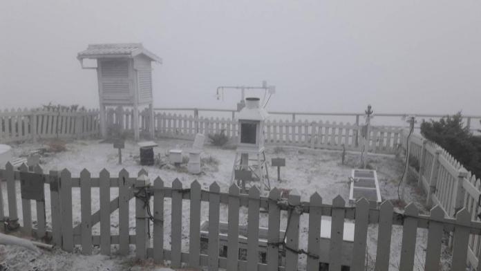 ▲玉山今（15）日下午4時50分出現降雪。（圖／中央氣象局提供）
