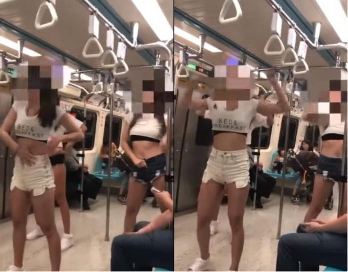 ▲3名辣妹穿著小露性感，突在捷運上放音樂跳起熱舞。（圖／翻攝自「爆怨公社」）
