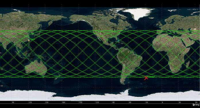 ▲太空中心30日公布天宮一號主體最新預測落點，從原本預測落點在大西洋靠近古巴處，轉為非洲與南美洲之間，約智利東方（紅點處），但還是在大西洋內。（太空中心提供）中央社記者朱則瑋傳真107年3月30日