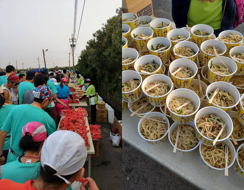 ▲桃園新屋馬拉松補給站餐點太豐富，引起網友熱議。（圖／翻攝自「爆廢公社」）