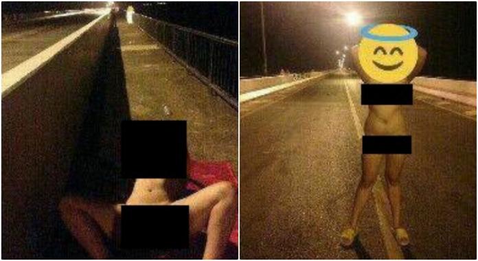 ▲泰國女大生夜遊時在一座橋上拍下裸照，大膽擺出 M 字腿。（圖／翻攝自網路）