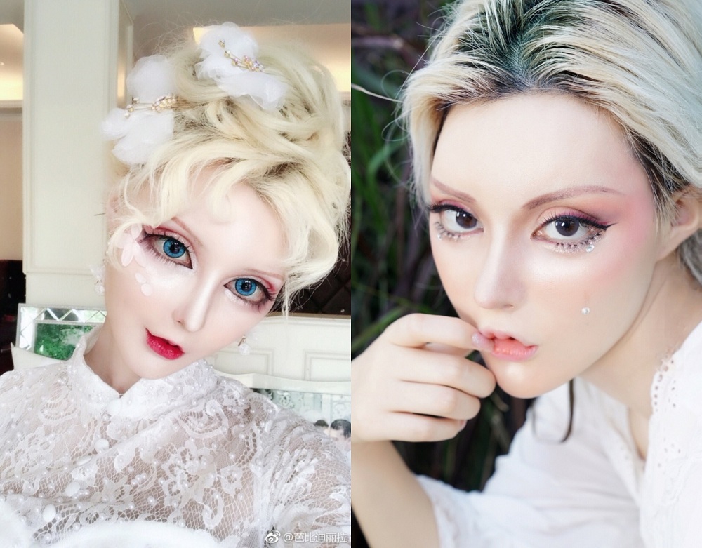 ▲自稱「真人版芭比」的網紅迪麗拉，以精緻妝容及服裝打扮在微博上爆紅。（圖／翻攝自「芭比迪丽拉」微博）