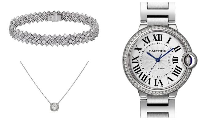 ▲Ballon Bleu de Cartier鑲鑽腕錶，Destinée枕形切割單鑽項鍊，Reflection系列鑽石手環＠Cartier