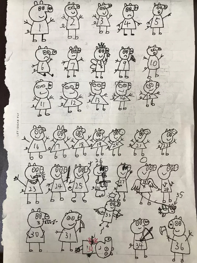 ▲大陸一名老師發現學生上課畫佩佩豬，氣得要學生「再畫 50 隻」，結果學生竟畫了 51 個表情、動作不同的佩佩豬給他。（圖／翻攝自「可樂大叔」微博）