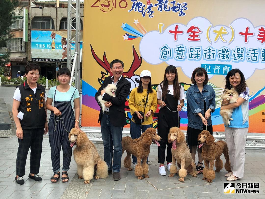 ▲鹿港慶端陽系列活動即將登場，彰化縣文化局長陳文彬、彰化縣龍舟委員會主委涂淑媚與6隻大小犬為龍王祭狗狗踩街選秀活動暖身。（圖／記者陳雅芳攝，2018.05.07）