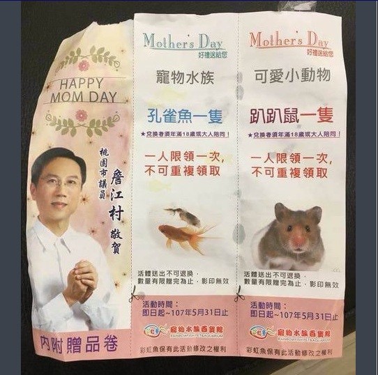 ▲有網友在 PTT 爆料，指出桃園市議員詹江村以小動物生命做為母親節禮物，引發爭議。（圖／翻攝自 PTT ）