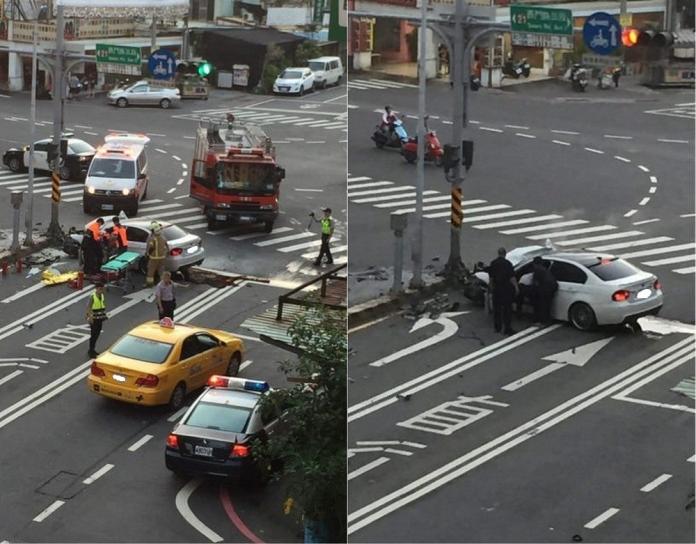 ▲台南市北區今（15）日清晨5時許，發生一起BMW轎車自撞事故，聲響之大震驚附近住戶。（圖／翻攝自PTT 台南版）