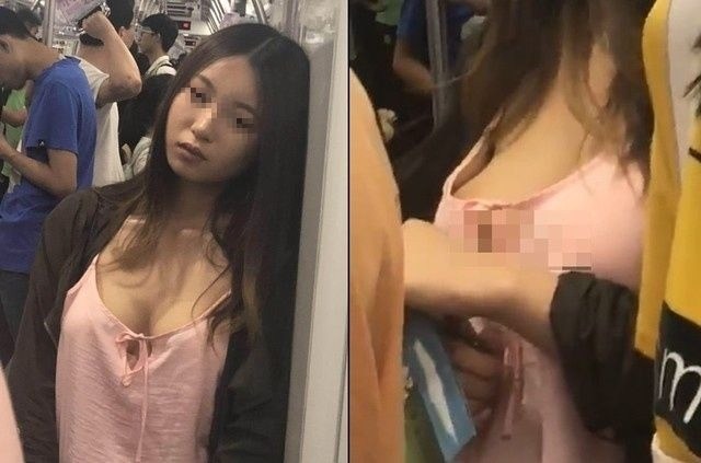 ▲中國大陸一名年輕女子，日前搭乘地鐵時，竟然只穿著一件睡衣，胸前的「碗公奶」還一度抖動「跳出來」。（圖／翻攝自推特 , 2018.5.23）