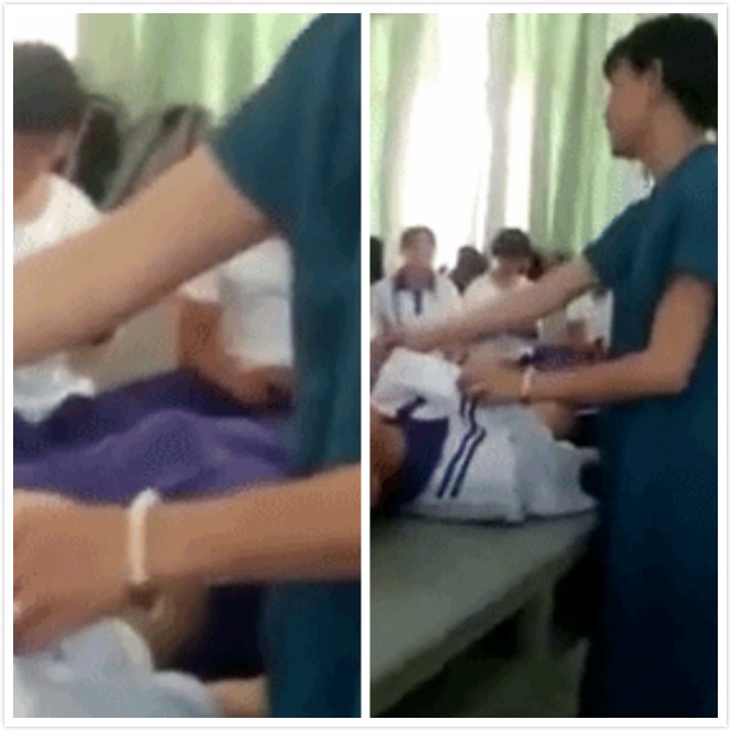 ▲馬尾女老師掀衣健檢，國中男凍未調瞬間「升旗」，台下同學全笑翻。（圖／翻攝自微博影片）