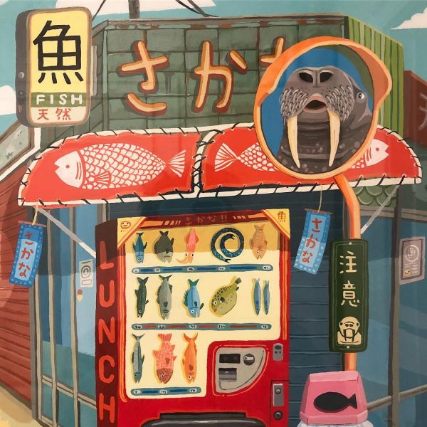 aaron meshon也會繪製單純的日本街景，以昭和時代為為背景的魚店，也可以從後視鏡中看見aaron meshon自己的化身海豹喔～（圖／aaron meshon）