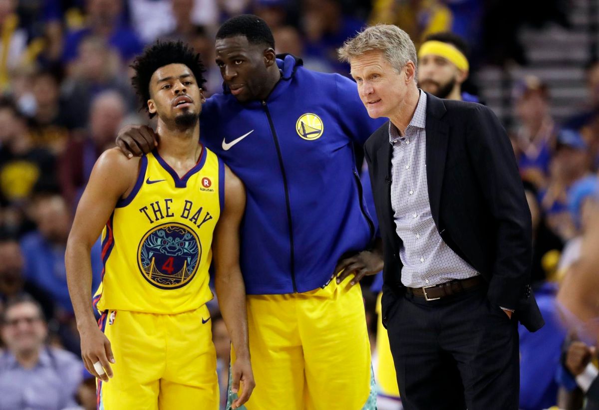 ▲勇士球員Quinn Cook（左）、Draymond Green（中）、勇士主帥Steve Kerr。（圖／美聯社／達志影像）
