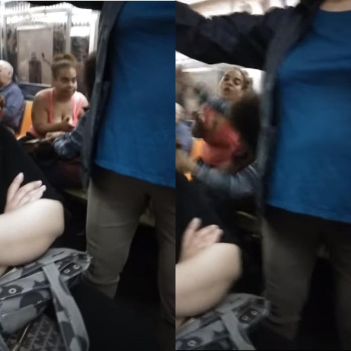 ▲紐約地鐵上一名媽媽對著亞裔婦人大飆髒話，還出手將婦人推倒在地。（圖／翻攝自YouTube影片）