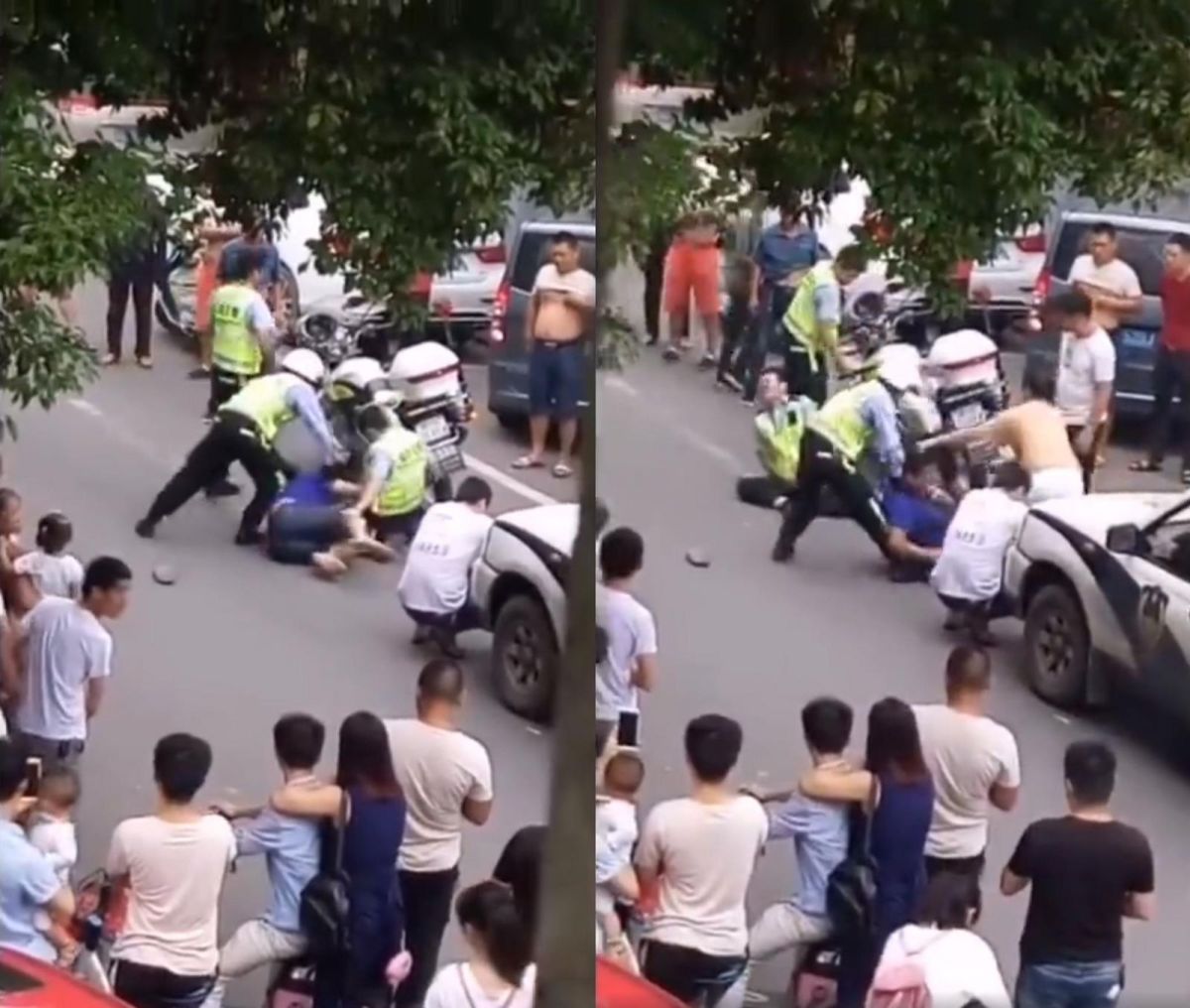 ▲員警被男子襲擊蛋蛋，痛到當場倒地。（圖／翻攝自微博）