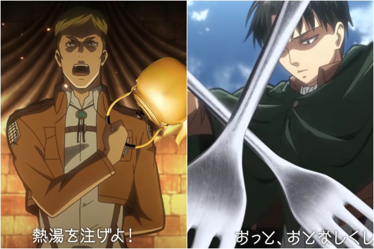 ▲惡搞版《進擊的謎肉》調查兵團改用叉子殺巨人。（圖／日清食品YouTube , 2018.6.12）