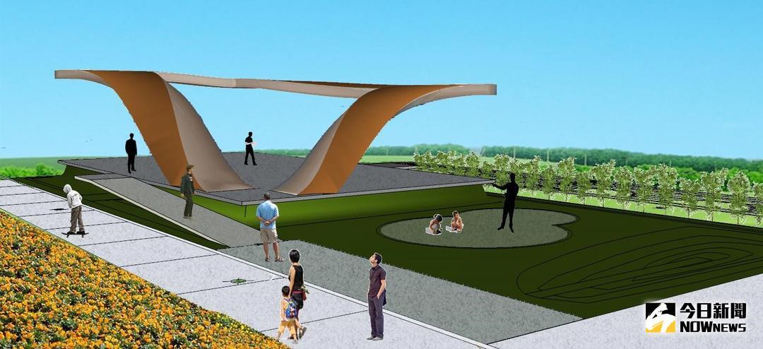 ▲豐原葫蘆墩園區「楷模創生館」，採可回收鋼材作桁架，碳化木材為表皮，可遮陽避雨、抵震抗強風，展現生態、生產、生活的花博GNP三元素精神（圖／經發局提供 , 2018.6.18\\)